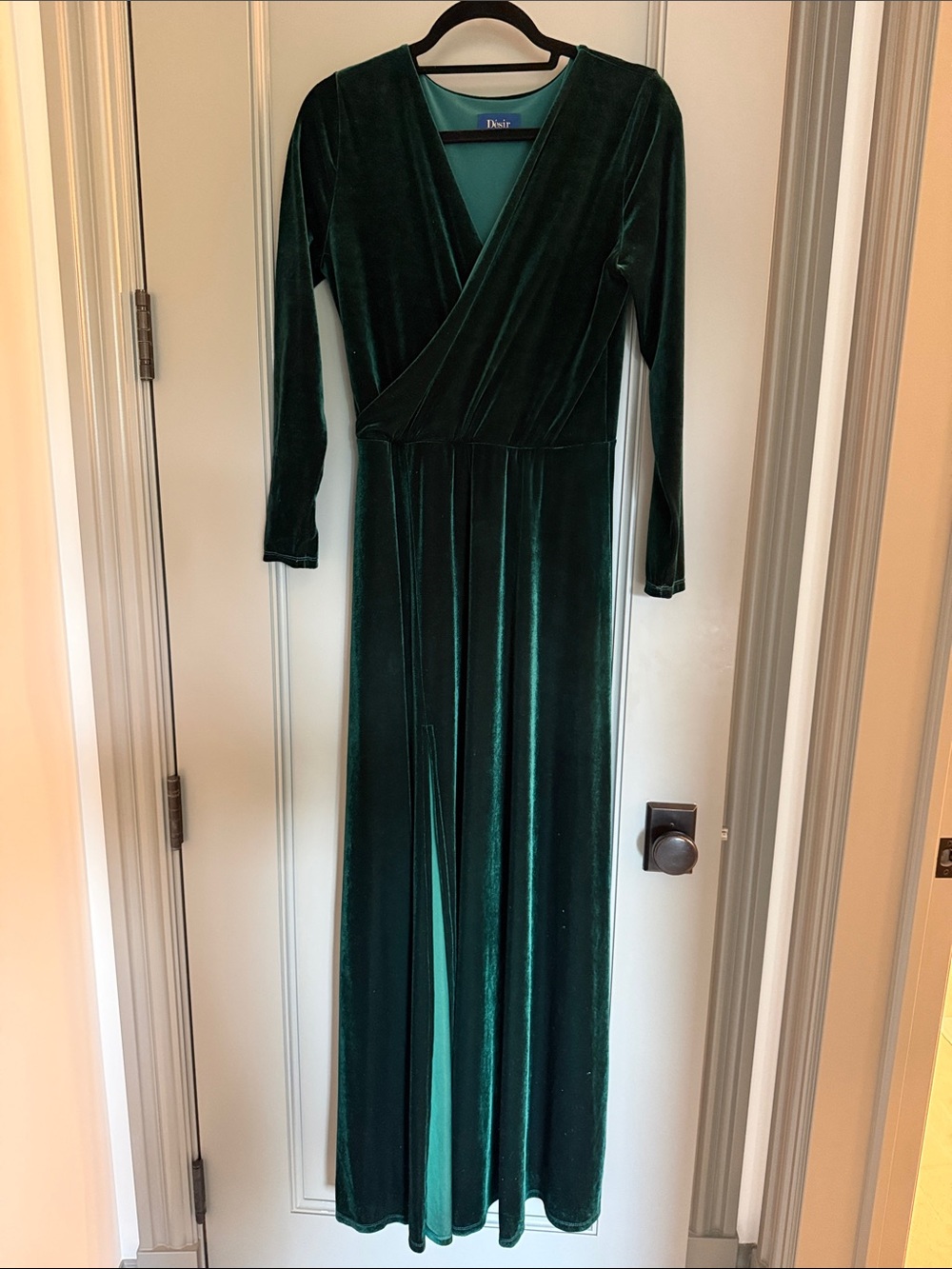 Draped Velvet Long Sleeve Maxi Dress - Emerald